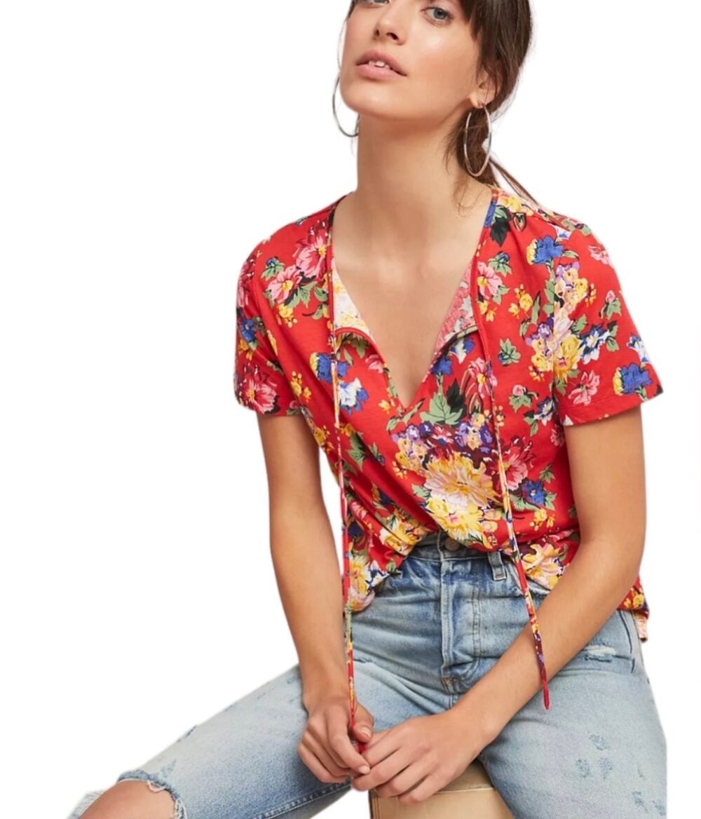 ANTHROPOLOGIE MAEVE  Clemente Red Floral Short Sleeve Top, Small